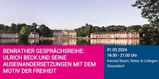 Veranstaltungsankündigung Benrather Gesprächsreihe, im Hintergrund Schlösser und ein Teich