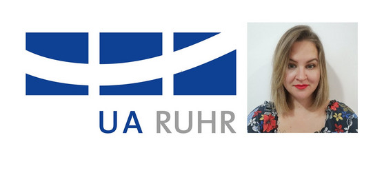 Neben dem Logo der UA Ruhr ist ein Portrait von Roxana Diana Burciu