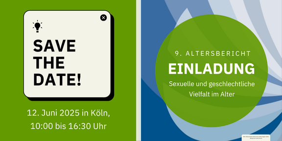Auf der linken Seite befindet sich das Save the Date für den 12. Juni ab 10 Uhr in Köln. Auf der Rechtenseite die Einladung zum 9. Altersbericht.
