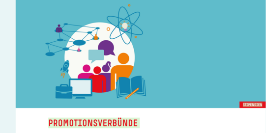 On the graphic there are four colorful figures in a circle. Two of them have a speech bubble. In front of them, a briefcase, a monitor and a book with a pen are inserted as graphics. On the left edge, a rocket is rising. Above it, dots connected to each other by a network are shown, from which other colorful figures rise at different points. In the upper right corner a light bulb is shown, which is surrounded by several elipses. At the lower right edge, "Scholarships" is written in white letters against a red background. Under the graphic it says doctoral alliances