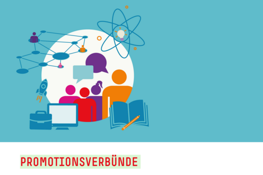 [Translate to English:] Auf der Grafik sind vier bunte Figuren in einem Kreis abgebildet. Zwei davon haben eine Sprechblase. Davor ist eine Aktentasche, ein Monitor und ein Buch mit Stift als Grafik eingefügt. Am linken Rand steigt eine Rakete auf. Darüber sind miteinander durch ein Netzwerk verbundene Punkte abgebildet aus denen an unterschiedlichen Stellen weitere bunte Figuren steigen. Rechts oben ist eine Glühbirne abgebildet, die von mehreren Elipsen umspielt wird. Am unteren rechten Rand staht vor rotem Hintergrund in weißer Schrift "Stipendien" geschrieben. Unter der Grafik steht Promotionsverbünde