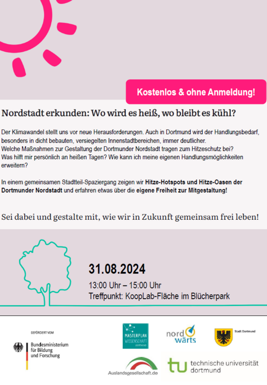 Grafik: Informationsplakat zu einer Stadtteilveranstaltung über Klimaanpassung und Hitzeentwicklung in Dortmund.