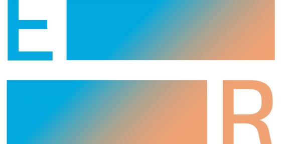 Evolving Regions Logo. Blue E. Then a bar, which first becomes blue, then orange in the course. Below that first the bar with gradient, then orange R.