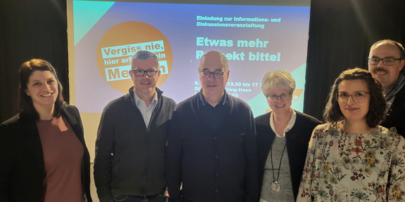 Ein Gruppenfoto vor einer Projektion des Veranstaltungslogos. Auf dem Bild zu sehen sind von rechts nach links: Anne Herr (Präventionsnetzwerk #sicher im Dienst des Landes NRW), Jens Maylandt (sfs), Dr. Klaus Kock (sfs), Jutta Reiter (DGB), Ninja Ulland (sfs), Dirk Eßer (Unfallkasse NRW)
