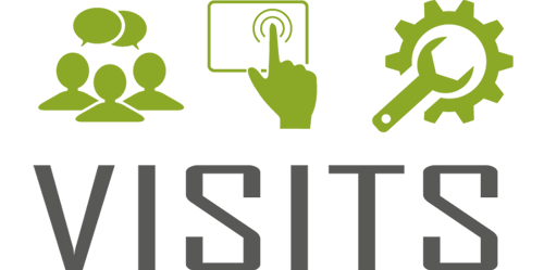Visits Logo Visits logo. Three green figures with two speech bubbles. Next to it a green hand pressing on a screen. On the right, green pliers in a green gear. Below that in gray capital letters "Visits".