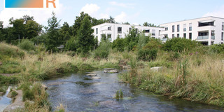 The renaturated Soestbach in sunny weather. At the top left is the Evolving Regions logo.