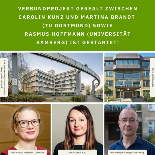 Collage bestehend aus Fotos vom Gebäude Emil-Figge-Str. 50 (TU Dortmund), der Universität Bamberg, Prof. Dr. Martina Brandt, Dr. Carolin Kunz und Prof. Dr. Rasmus Hoffmann. 