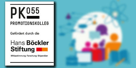 Auf dem Bild ist links im Vordergrund das Logo des Promotionskolleg zu sehen. Im verwischten Hintergrund sind unter anderem bunte Figuren, ein Monitor und ein Buch zu erkennen.