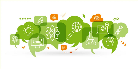 New Master’s degree in Science Communication and Media Literacy. A landscape-oriented graphic featuring a collage of various green and orange speech bubbles and thought bubbles, containing white icons relating to science, research and the media.