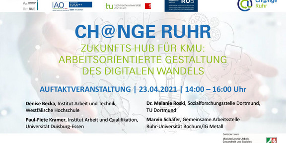 Das Bild zeigt die Titelfolie der Präsentation zur Auftaktveranstaltung von Change Ruhr zum Theme "Zukunfts-HUB für KMU: Arbeitsorienterierte Gestaltung des digitalen Wandels". 