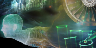 Futuristic collage featuring a wire mesh figure, sketched skyscrapers, a turbine wheel and laboratory objects such as pipettes and test tubes.