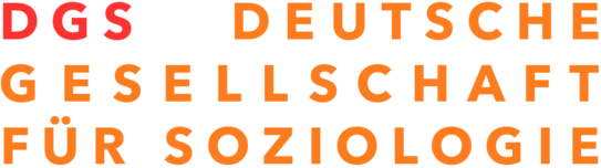 Der Schriftzug besteht aus drei Zeilen. In der ersten Zeile steht die Abkürzung "DGS" und "DEUTSCHE", in der zweiten Zeile "GESELLSCHAFT" und in der dritten Zeile "FÜR SOZIOLOGIE." Vor dem weißen Hintergrund sind die Abkürzung in rot und der übrige Schriftzug in orange gehalten.