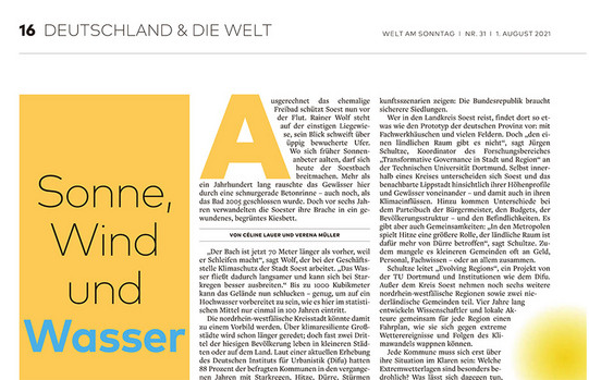 The image shows a screenshot of the article about the Evolving Regions project in the Welt am Sonntag.