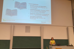 A presentation slide providing an overview of Honorary Professor Anita Tisch’s main areas of research on work and health, working conditions, changes in the world of work, and quantitative empirical social research.