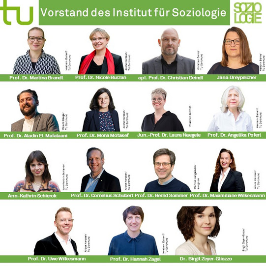 The photo collage consists of portrait photos of the members of the Board of the Institute of Sociology. The photos are sorted in alphabetical order. The first row shows Prof. Martina Brandt, Prof. Nicole Burzan, Apl. Prof. Christian Deindl and Jana Dreypelcher. The second row shows Prof. Aladin El-Mafaalani, Prof. Mona Motakef, Junior Prof. Laura Naegele and Prof. Angelika Poferl. The third row shows Ann-Kathrin Schierok, Prof. Cornelius Schubert, Prof. Bernd Sommer and Prof. Maximiliane Wilkesmann. The last row shows Prof. Uwe Wilkesmann, Prof. Hannah Zagel and Dr. Birgit Zeyer-Gliozzo.