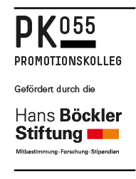 PK is written in black, thick letters at the top left. Next to it is a slightly smaller 055. The number is underlined with a thick black bar. Below that, PROMOTIONSKOLLEG is written in black capital letters across the entire width of the logo. With some distance stands the lettering "promoted by the". Again with some distance is written over two lines: Hans Böckler Foundation. Next to the bold word Stiftung is a red-orange bar. The bottom line of the logo reads "Mitbestimmung - Forschung - Stipendium". The logo is framed at the top and bottom by a thin black line.