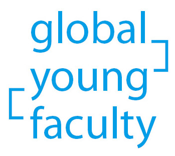 Vor weißem Hintergrund steht über drei Zeilen geschrieben: global young faculty. Die Worte "global" und "young" sowie "young" und "faculty" sind jeweils mit einer eckigen Klammer von der unteren gedachten Linie der oberen Zeile zur mittleren dedachten Linie der jeweils unteren Zeile.