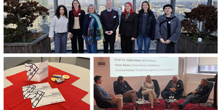 Das Bild zeigt eine Collage aus einem Bild des Teams, einer Szene der Podiumsdiskussion und ein Bild eines Stehtisches mit Projektflyern und goldenen Schokoladenmünzen, die eine Verbindung zum Thema der Tagung herstellen