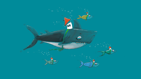 Zeichnung schwimmender Hai und 4 Fische mit Häusern auf Rücken