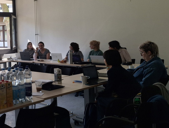 Foto von sieben Teilnehmenden des Stakeholder Meetings im Besprechungsraum an Tischen hinter Laptops