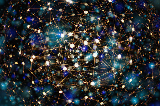 Netzwerk Weiße, hellblaue und dunkelblaue Punkte vor schwarzem Hintergrund, die mit goldenen Linien verbunden sind.