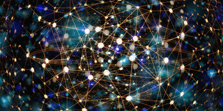 Weiße und hellblaue Punkt auf einem schwarzen Hintergrund, die ein Netzwerk bilden