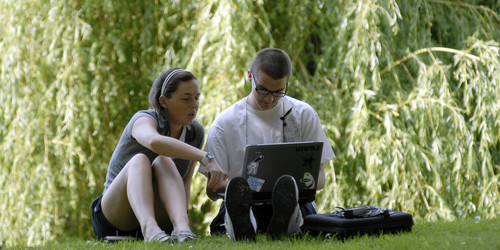 Eine Studentin und ein Student beim gemeinsamen Lernen mit Laptop auf einer Wiese im Sommer