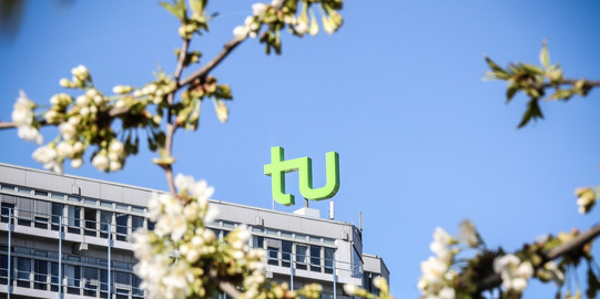 The TU building surrounded by blooming cherry blossoms.