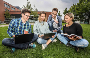 Eine Gruppe studierender lernt auf der Wiese.